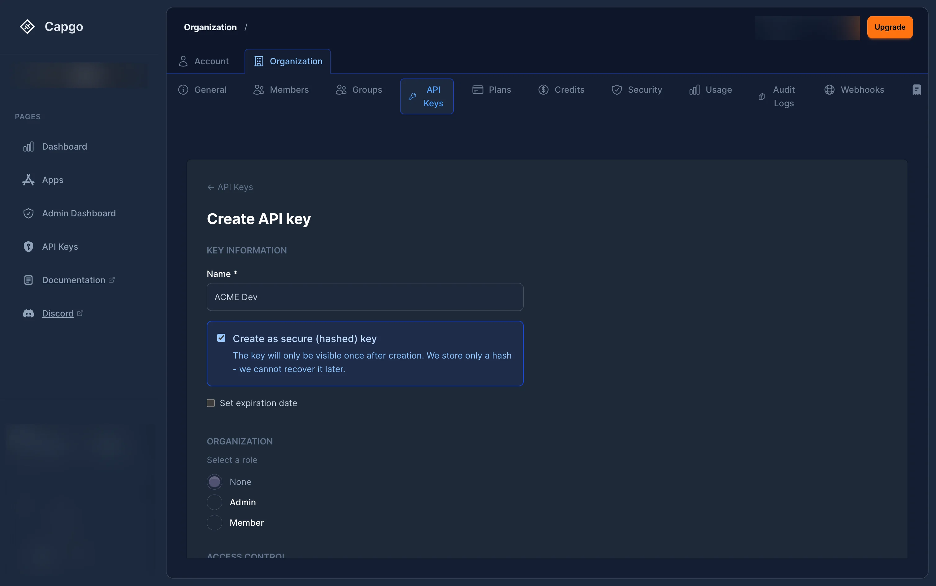 form di creazione della chiave API con nome, opzione chiave sicura e scadenza