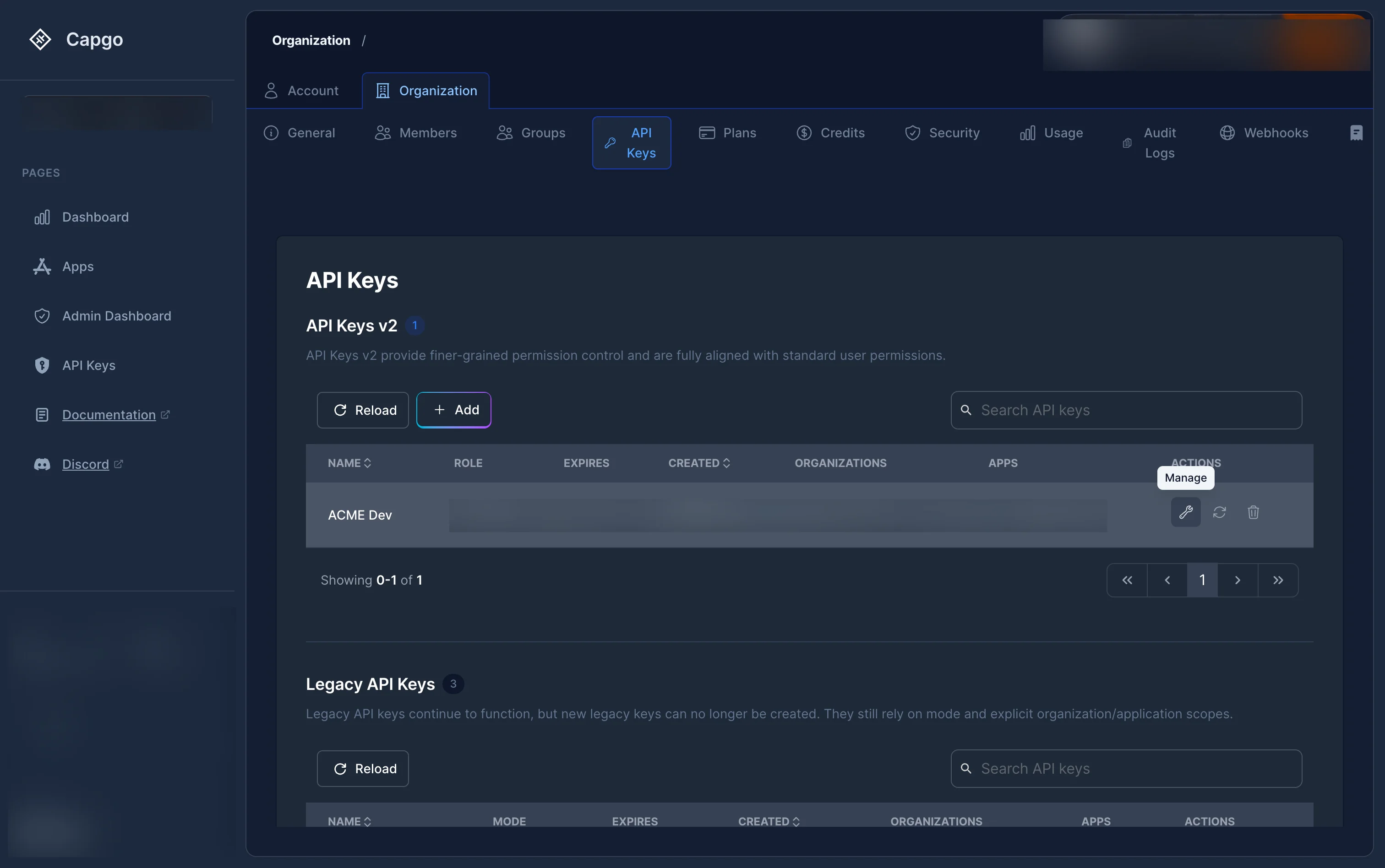pagina di modifica del API con impostazioni ruoli correnti