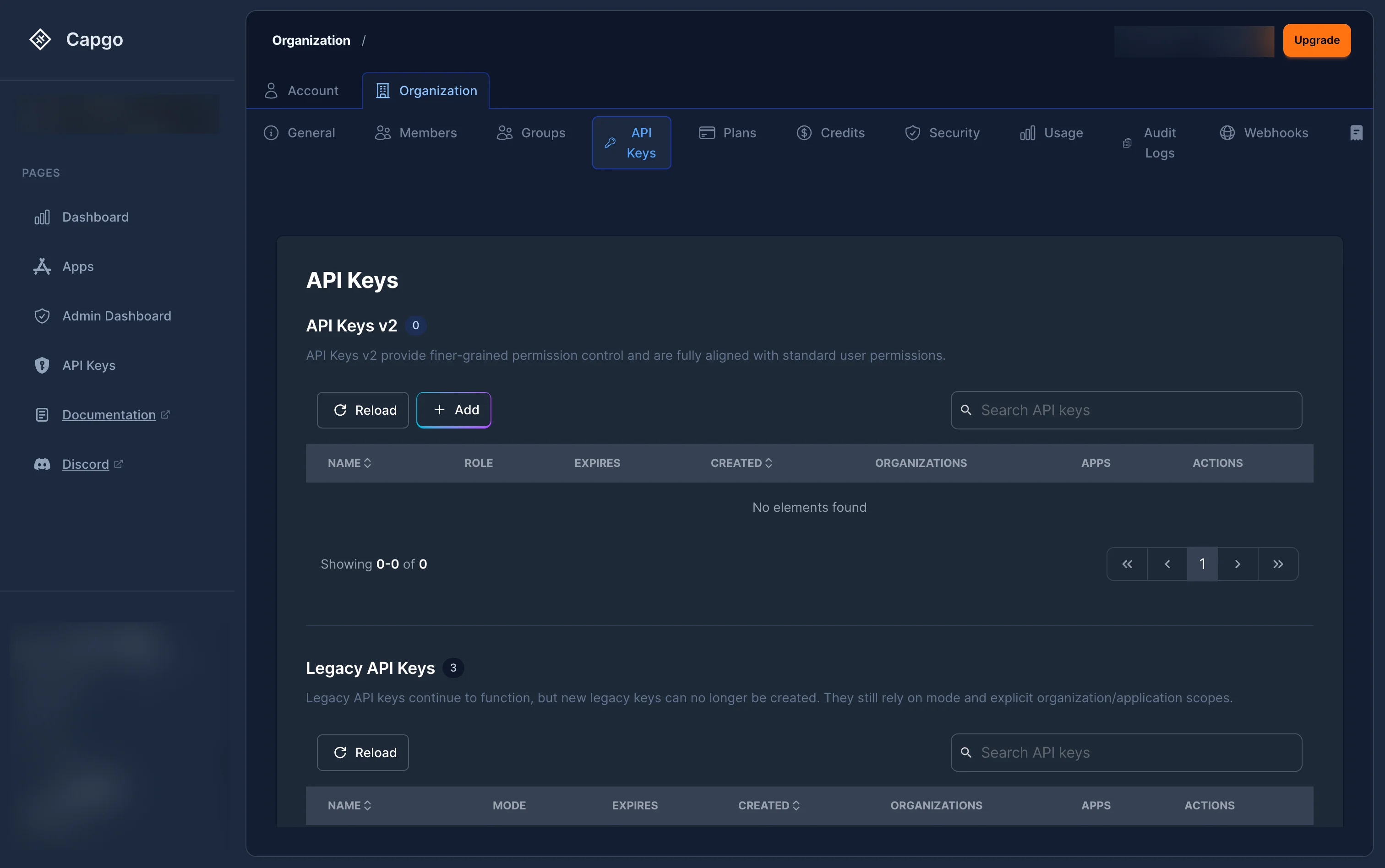 Pagine delle chiavi di API mostrando le sezioni RBAC e Legacy