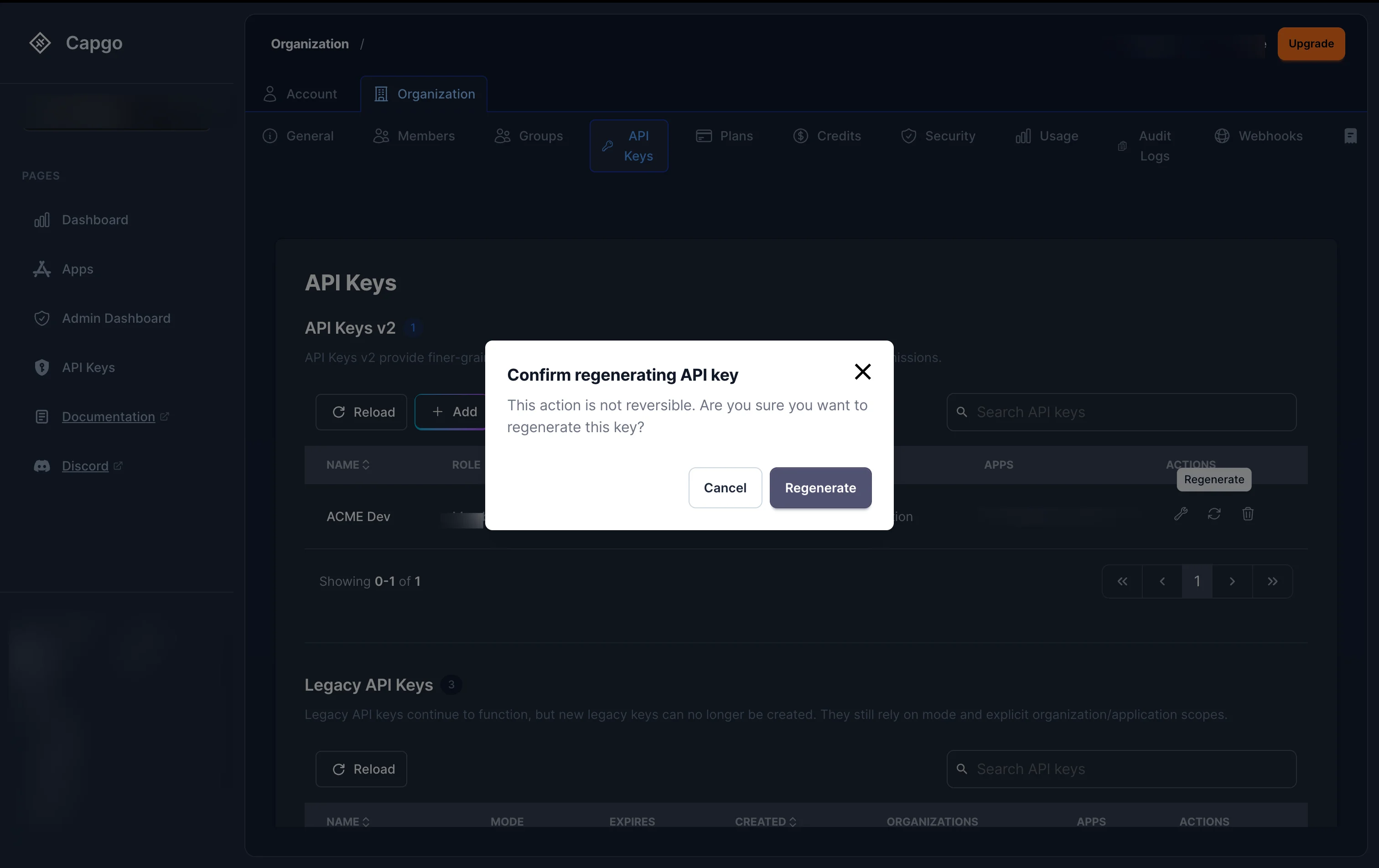 Conferma di rigenerazione della chiave API