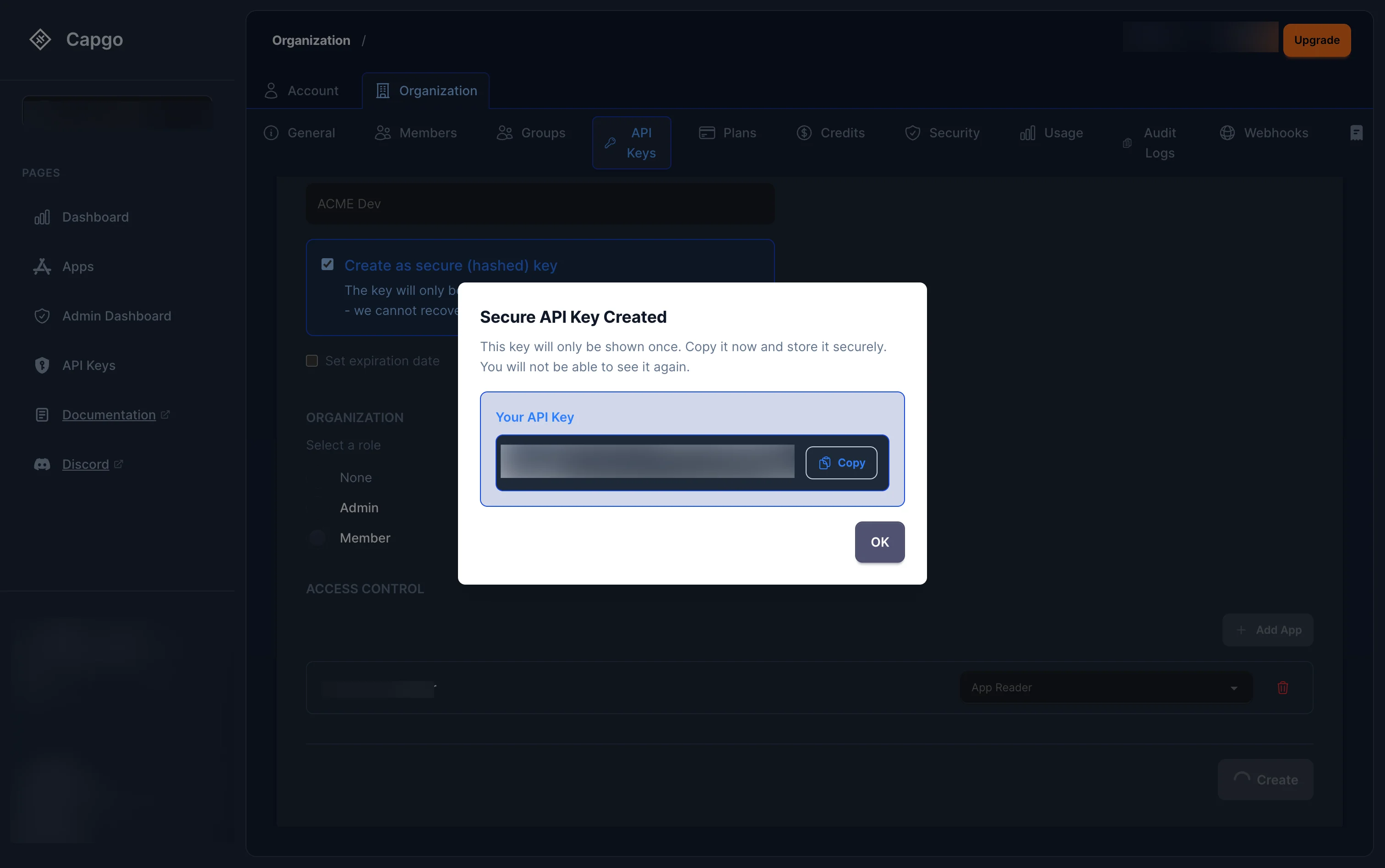 One-time API key secret modal with copy button