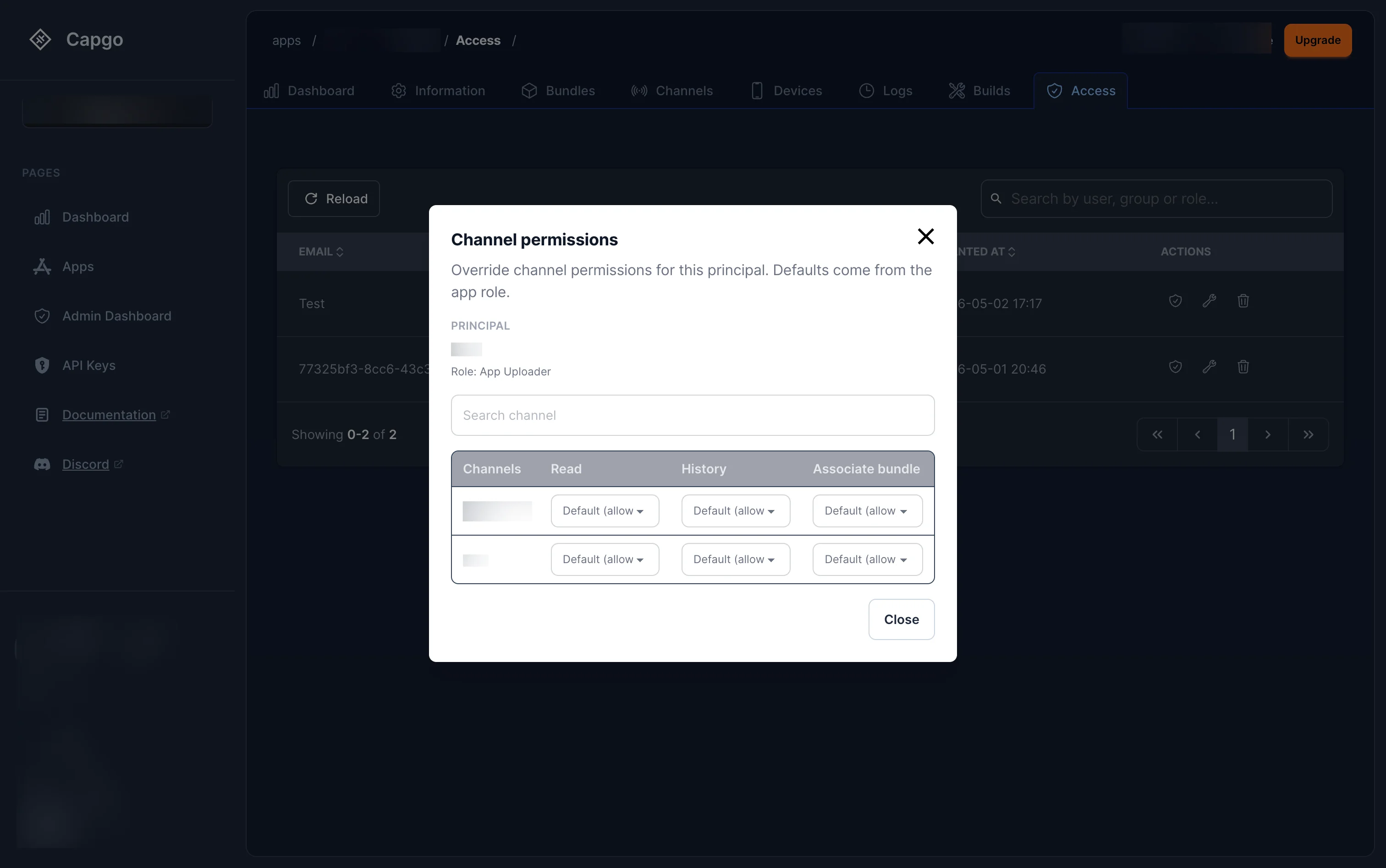 Channel permissions modal