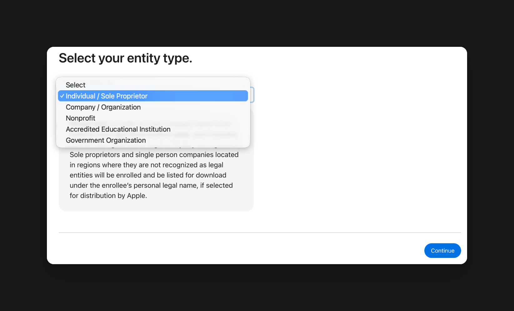 Select the right Apple Developer entity type
