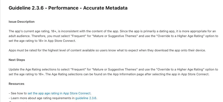 App Review rejection message citing guideline 2.3.6 about age rating and accurate metadata