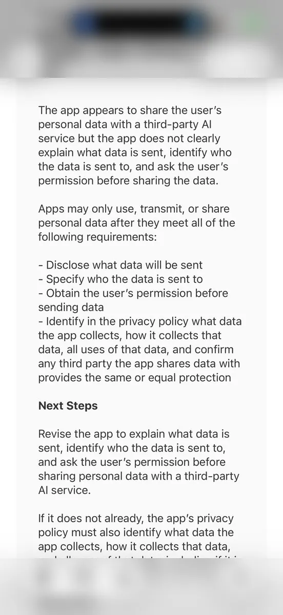 Le message de refus demande à l'application de divulguer et d'obtenir le consentement avant d'envoyer des données personnelles à un service d'intelligence artificielle tiers.