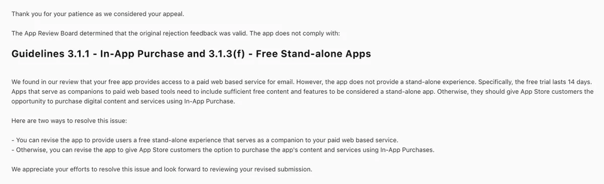 App Review Board appeal response citing guidelines 3.1.1 and 3.1.3(f) about a free companion app and a 14 day trial