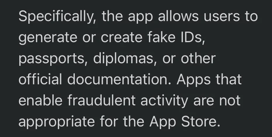 Texte de rejet disant que l'application pouvait être utilisée pour créer des documents officiels fictifs