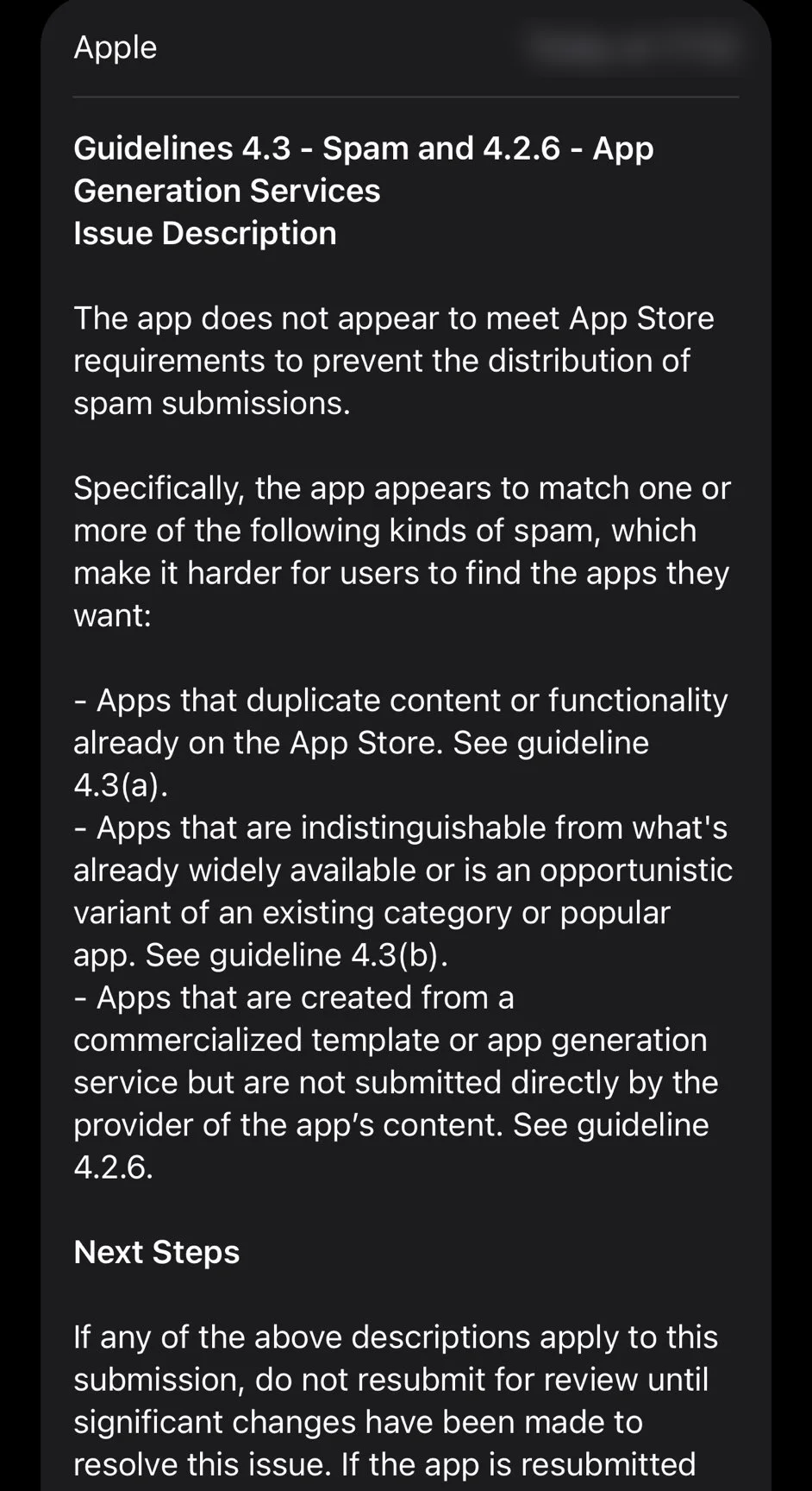 Message de refus citant la règle 4.3 spam et la règle 4.2.6 services de génération d'applications