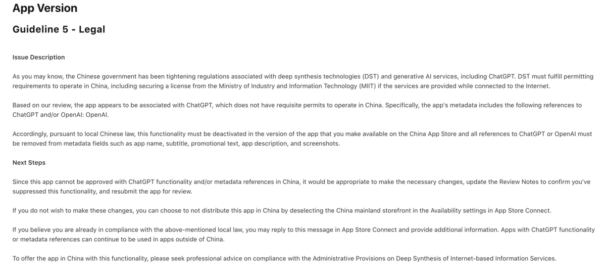 App Review rejection under Guideline 5 Legal citing OpenAI in metadata and China generative AI licensing requirements