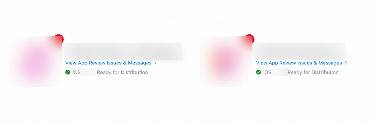 Deux applications live floues dans App Store Connect, toutes prêtes à la distribution avec des problèmes d'examen d'App Review signalés