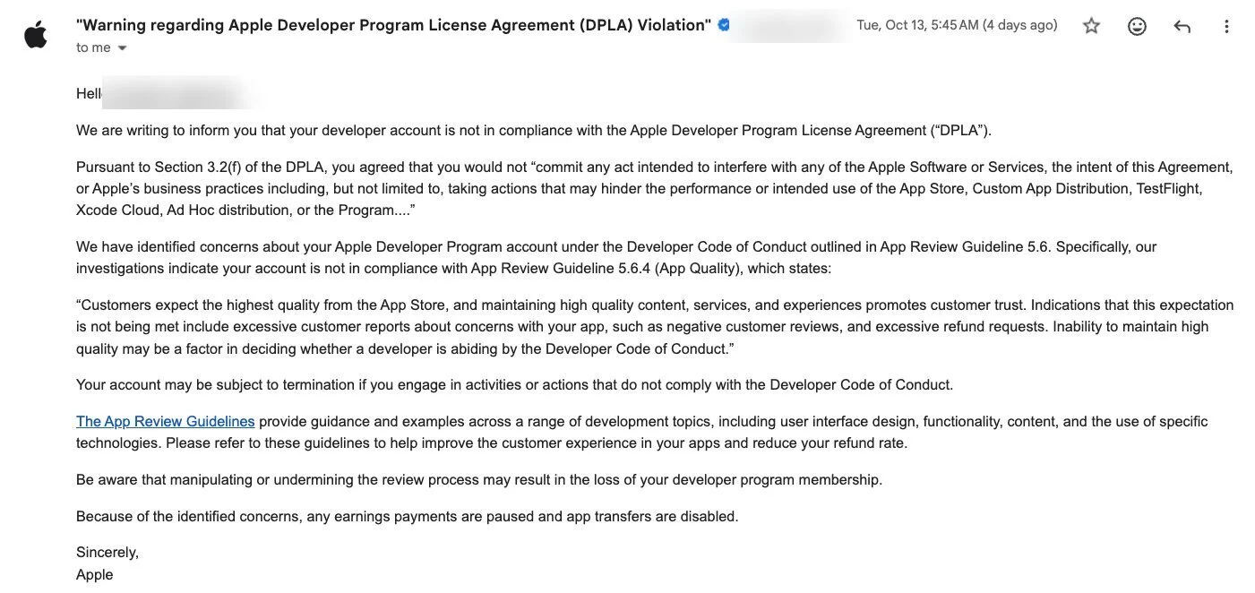 Courriel d'avertissement d'Apple citant la norme 5.6.4 Qualité de l'application, avec les paiements d'earnings suspendus et les transferts d'applications désactivés.