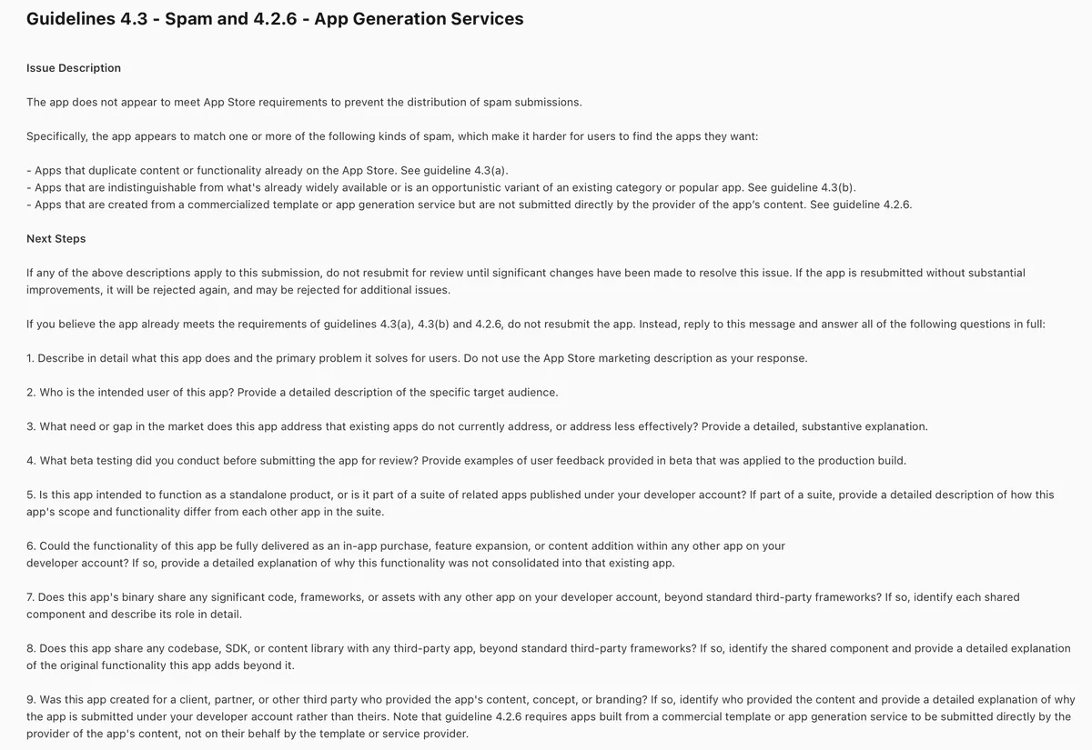 Courriel de rejet de spam listant les lignes directrices 4.3 et 4.2.6