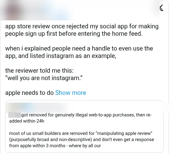 Publication floue d'un développeur dont l'application sociale a été rejetée pour nécessiter l'inscription