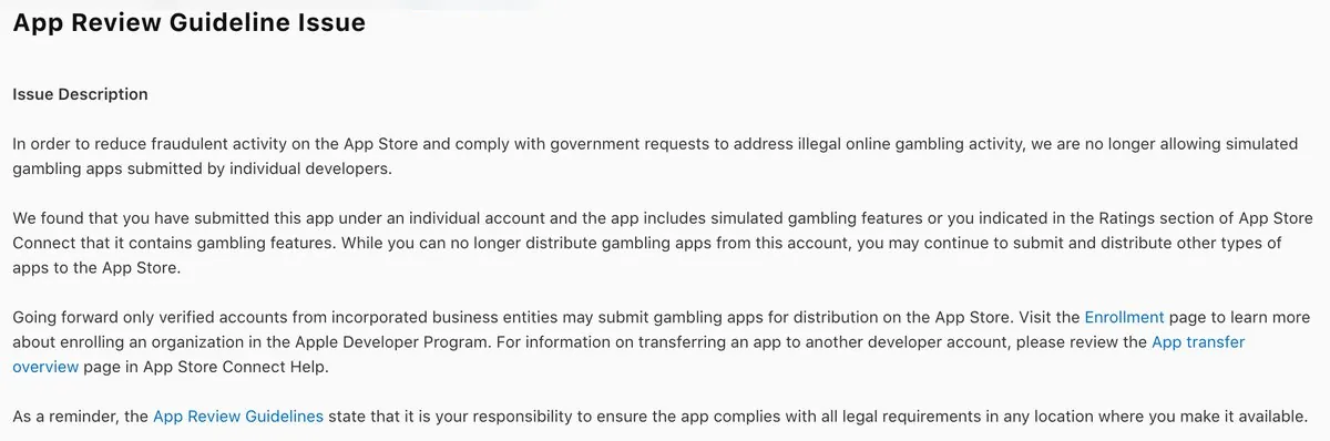 Avis de refus indiquant que les applications de jeu simulé nécessitent un compte organisation.