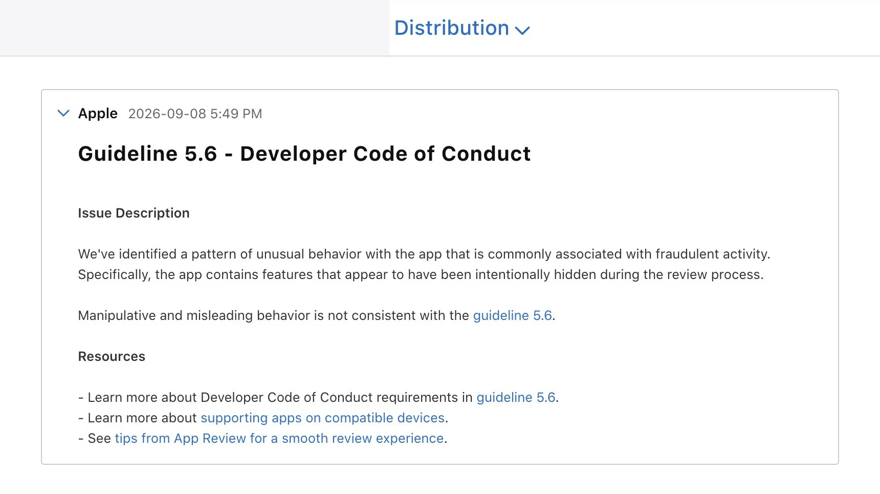 Message de refus d'Apple citant la ligne directrice 5.6 Développeur Code du Code de conduite concernant les fonctionnalités cachées pendant la revue, en-tête de l'application masqué