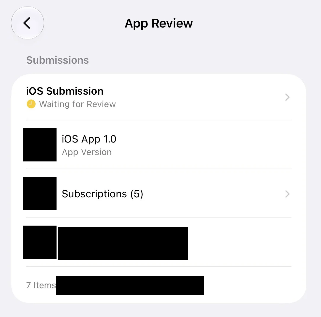 App Store Connect App Review screen showing an iOS 1.0 submission in Waiting for Review with five subscriptions, app icons and names redacted