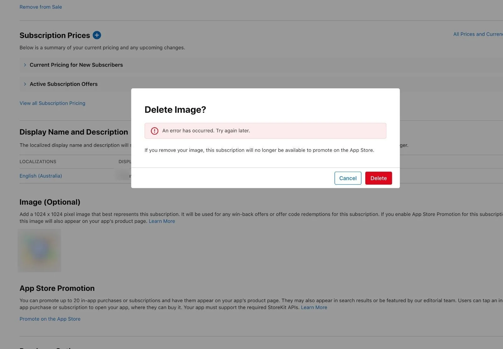 Page de souscription App Store Connect avec un dialogue de suppression d'image affichant une erreur, nom de la souscription et image floues