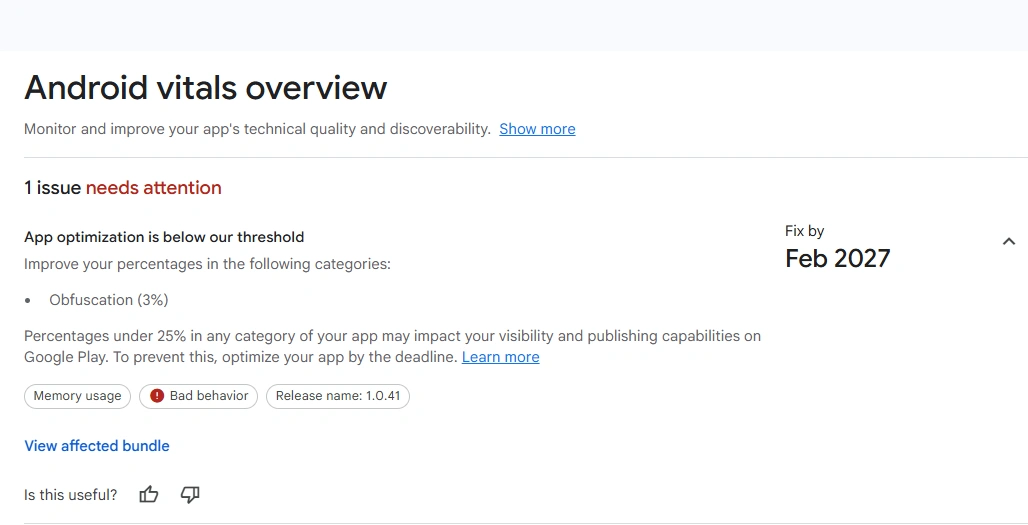 Google Play Console Android vitals warning showing obfuscation at 3 percent, below the 25 percent app optimization threshold, with a February 2027 fix date