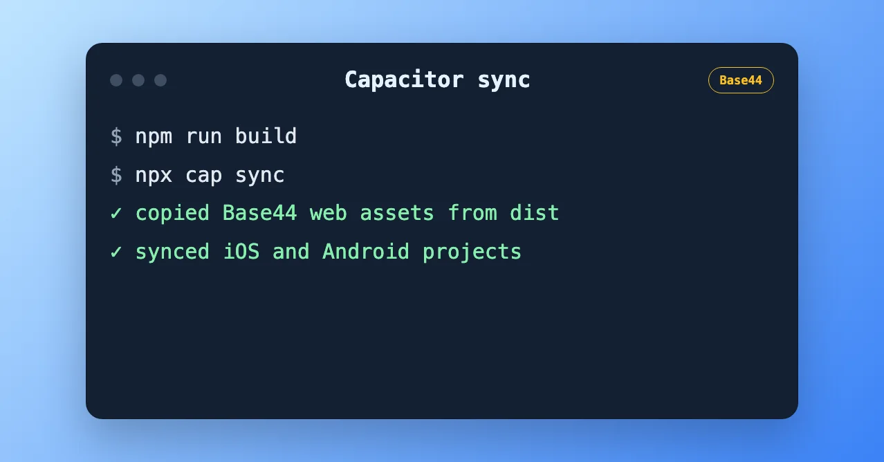 Capacitor sync complete for a Base44 app