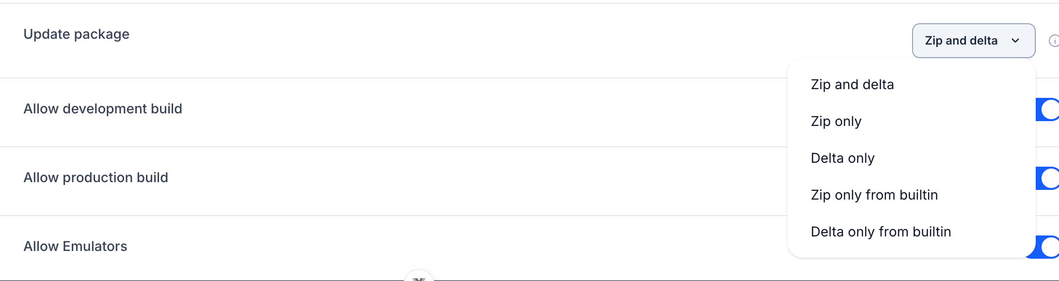 Update package dropdown on a Capgo channel showing Zip and delta, Zip only, Delta only, Zip only from builtin, and Delta only from builtin