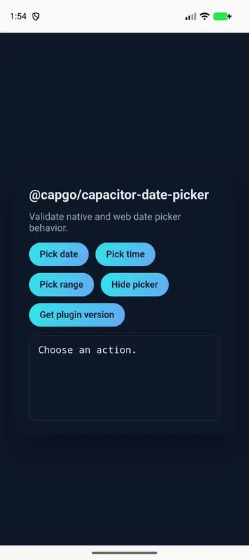 Animated Android demo of @capgo/capacitor-date-picker opening, selecting a date, and closing
