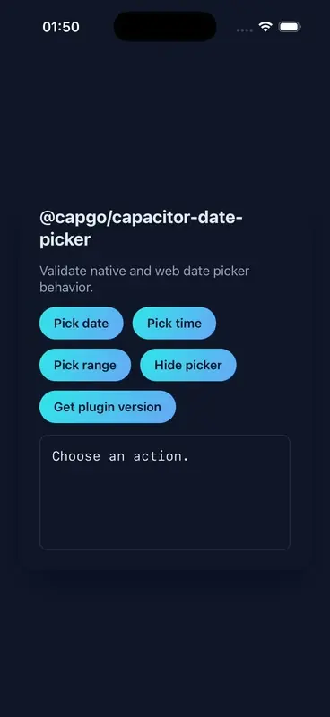 Animated iOS demo of @capgo/capacitor-date-picker opening, selecting a date, and closing