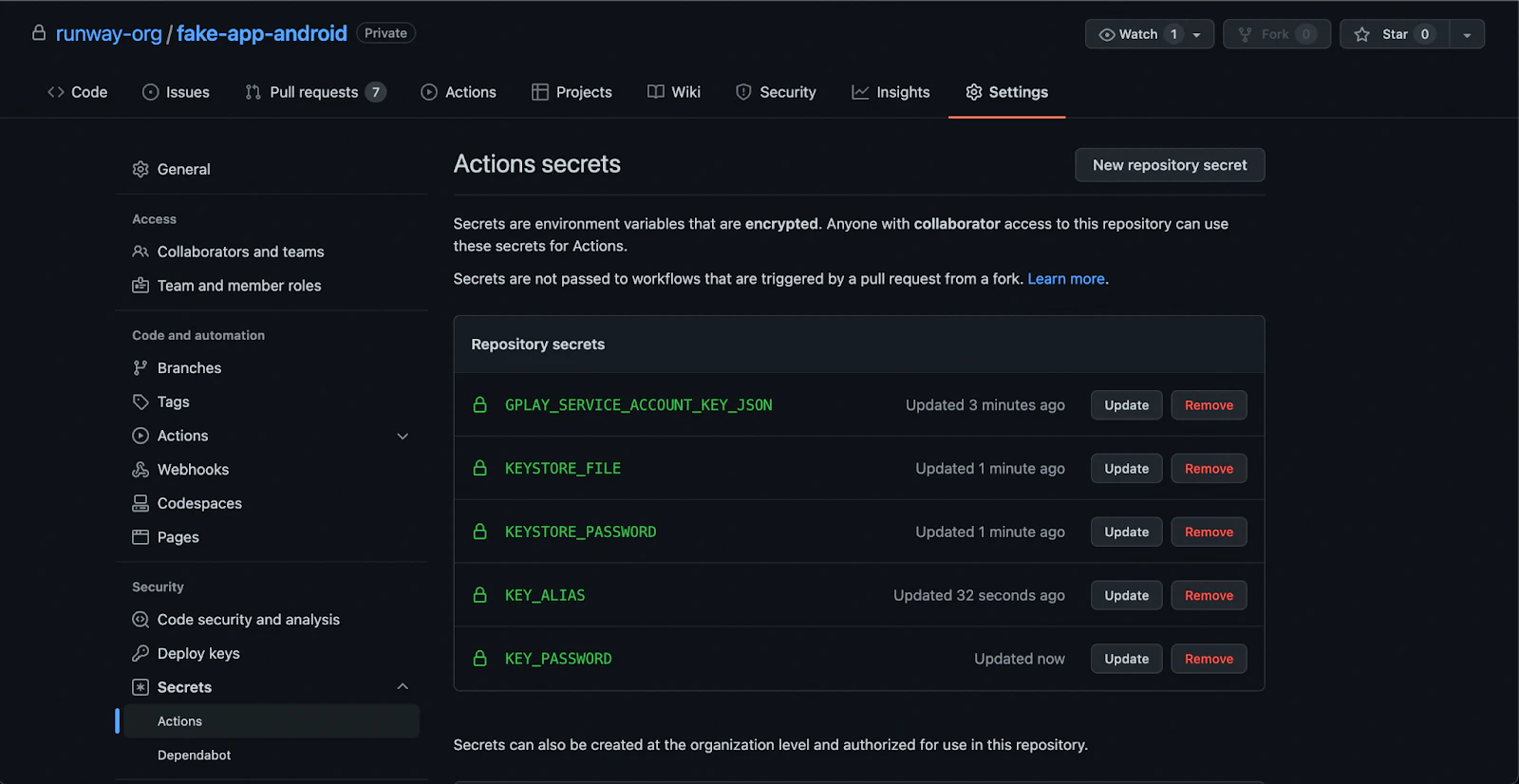 Multiple secrets added successfully in GitHub