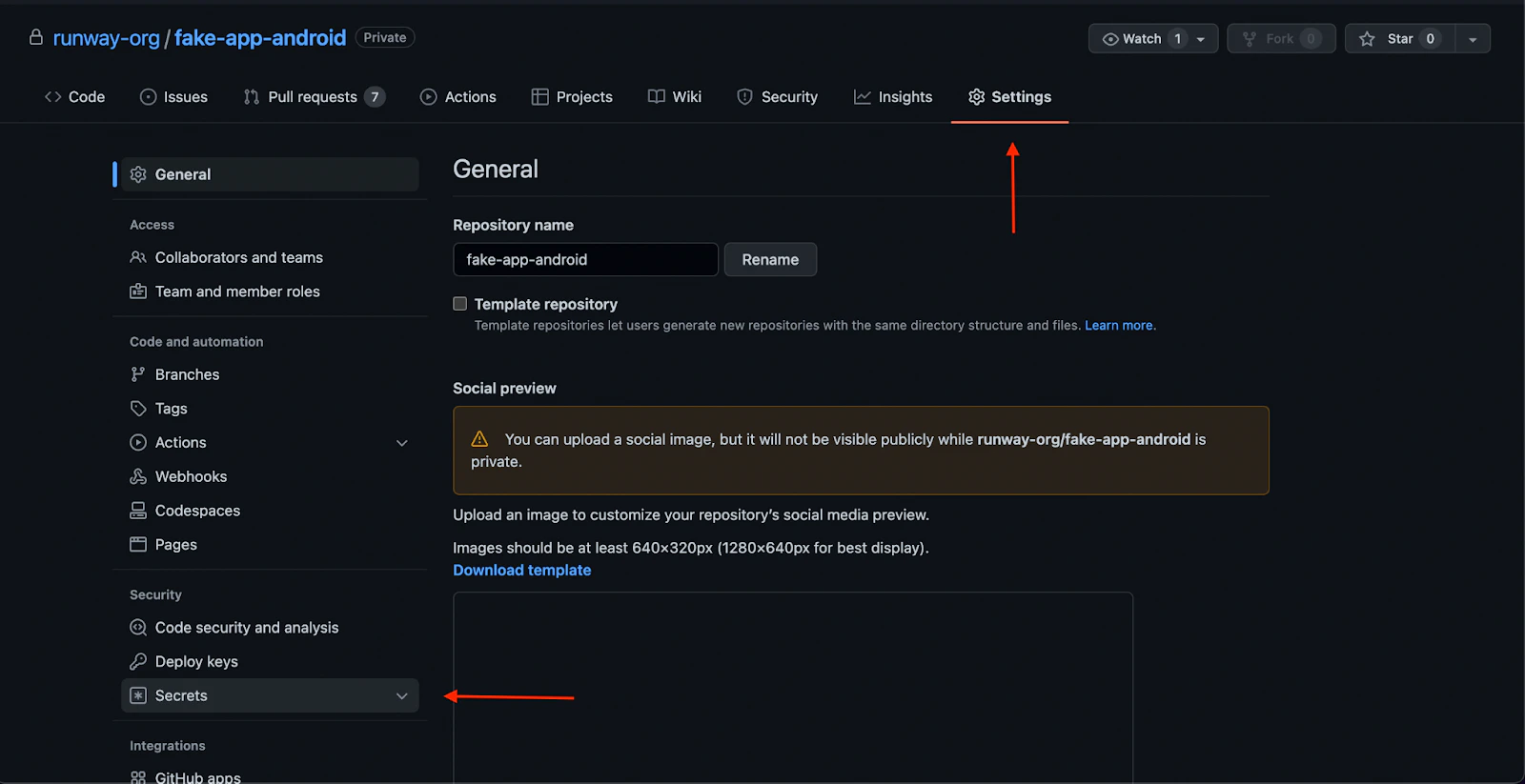 Secrets in GitHub repo, from Settings