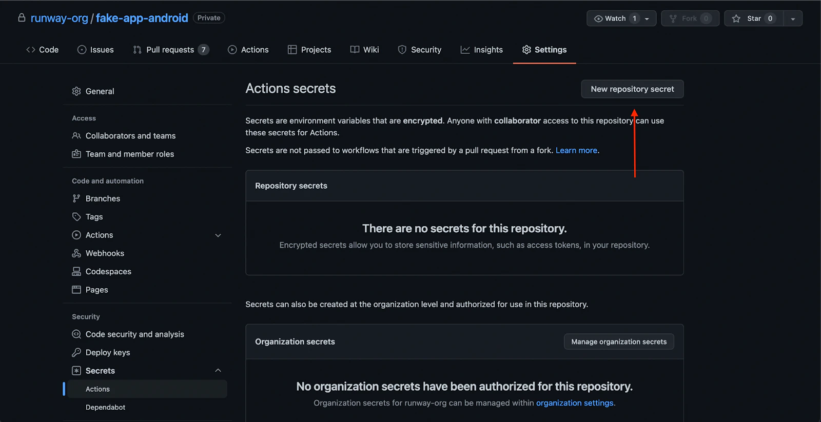 New repository secret action in GitHub
