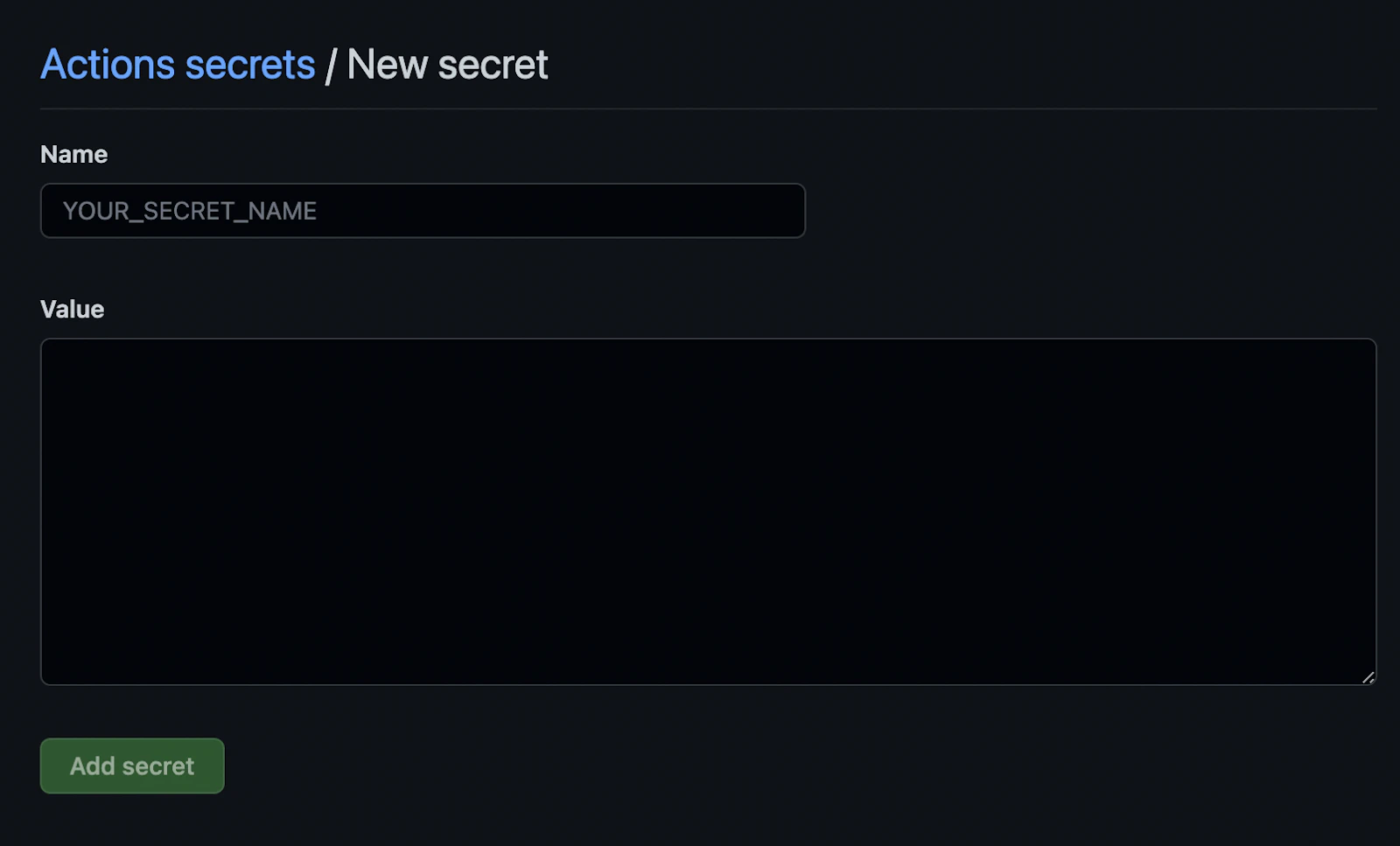 Adding name and value for new secret in GitHub