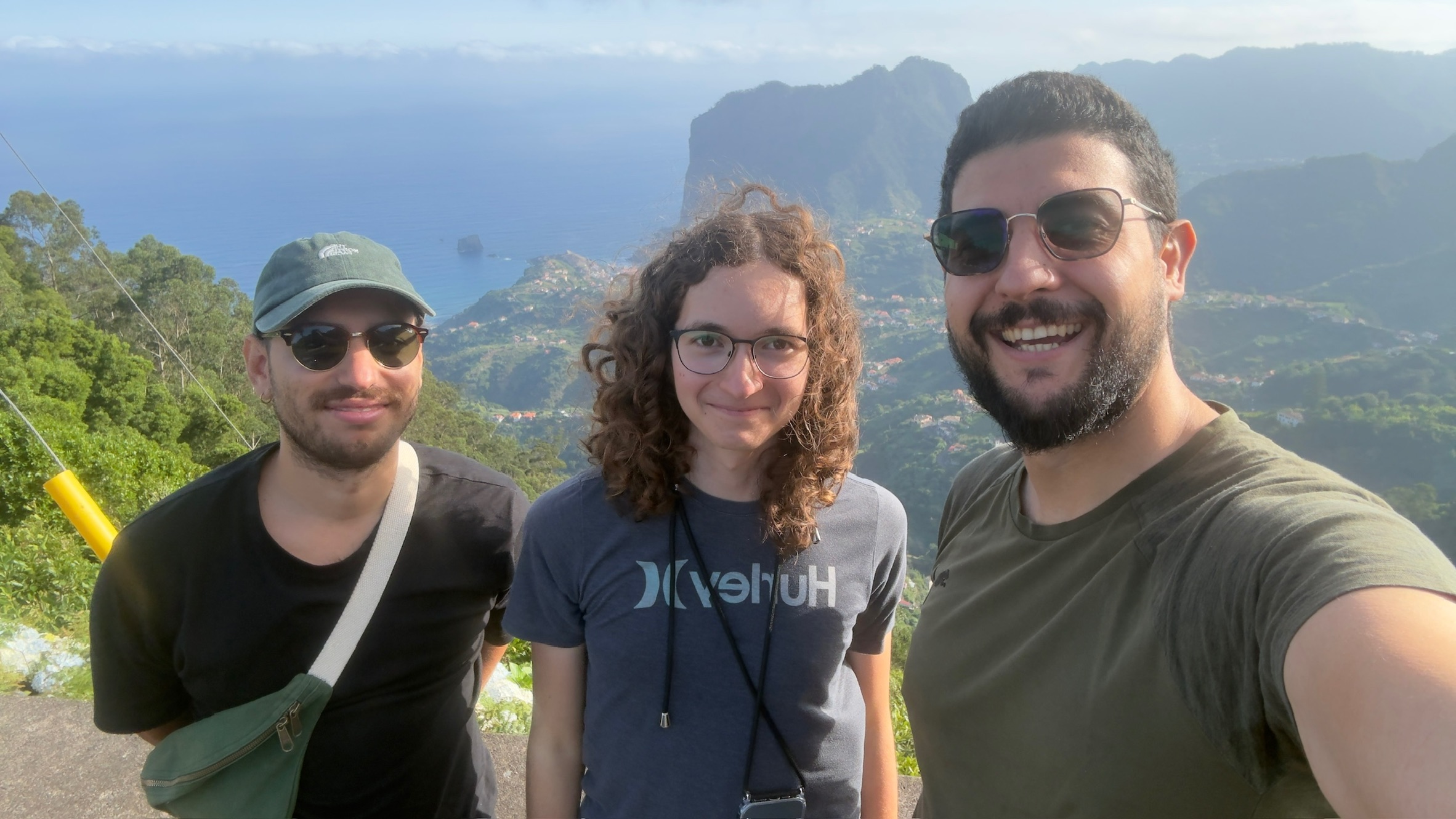 The team at a beautiful viewpoint - Jordan, Michael, and Martin exploring Madeira on day one