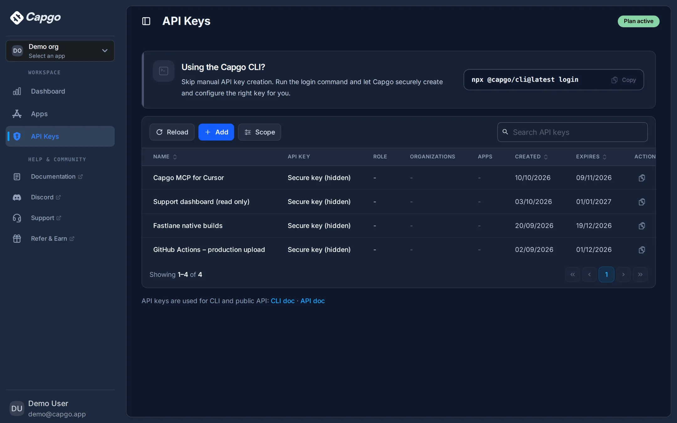 Capgo API keys page listing keys for GitHub Actions, Fastlane, a read-only support dashboard, and the Capgo MCP server, each with an expiry date