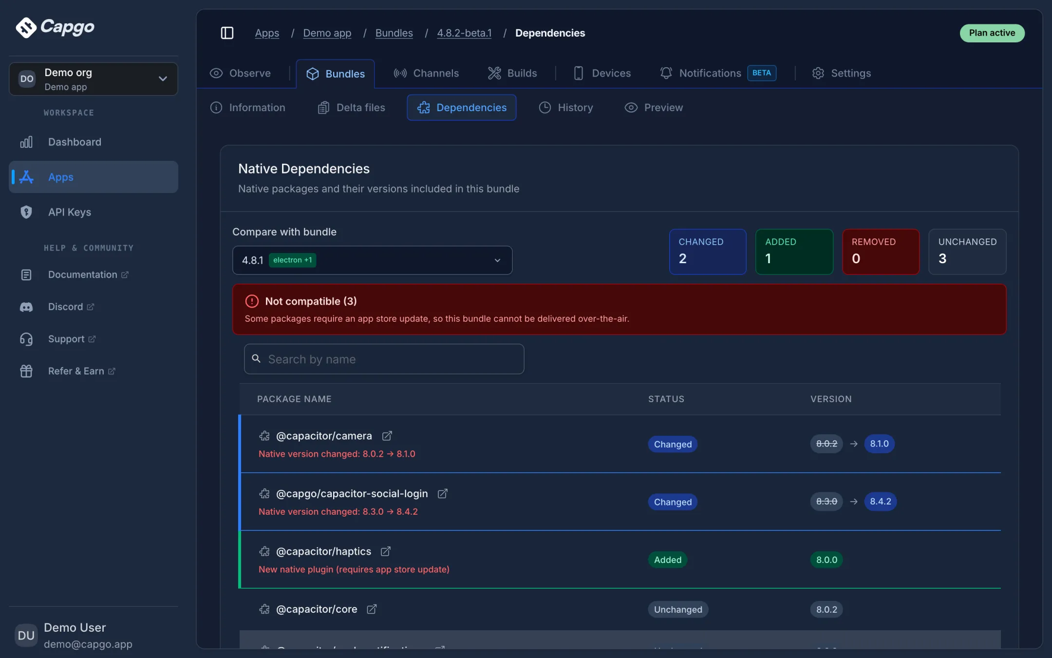 Capgo bundle dependencies view comparing 4.8.2-beta.1 with 4.8.1, flagging @capacitor/camera and social login version changes as not compatible over the air