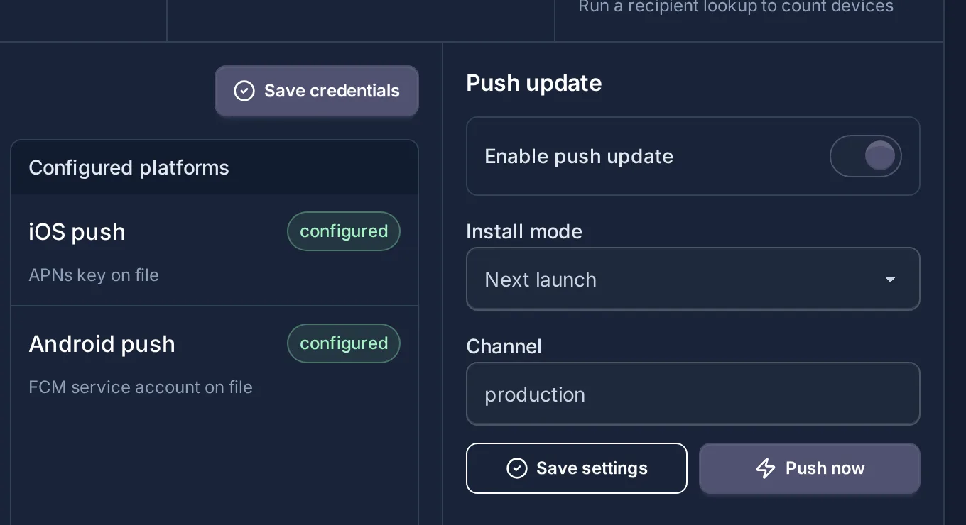 Capgo Benachrichtigungen-Konsole mit iOS- und Android-Push konfiguriert und Push-Updates für den Produktionskanal aktiviert, Installation bei der nächsten Startphase
