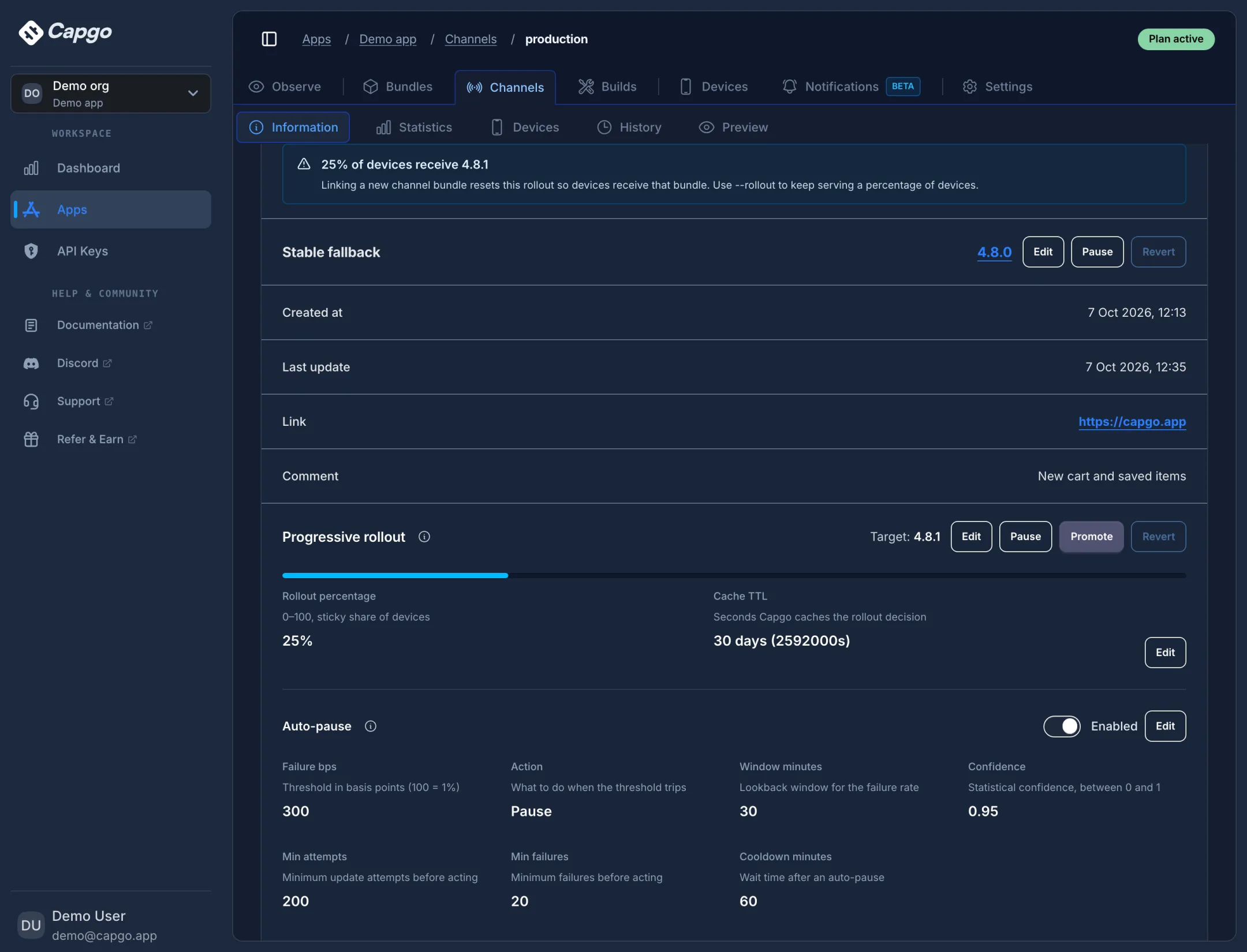 Capgo channel page showing 25% of devices receiving bundle 4.8.1, a stable fallback on 4.8.0, progressive rollout controls, and auto-pause settings
