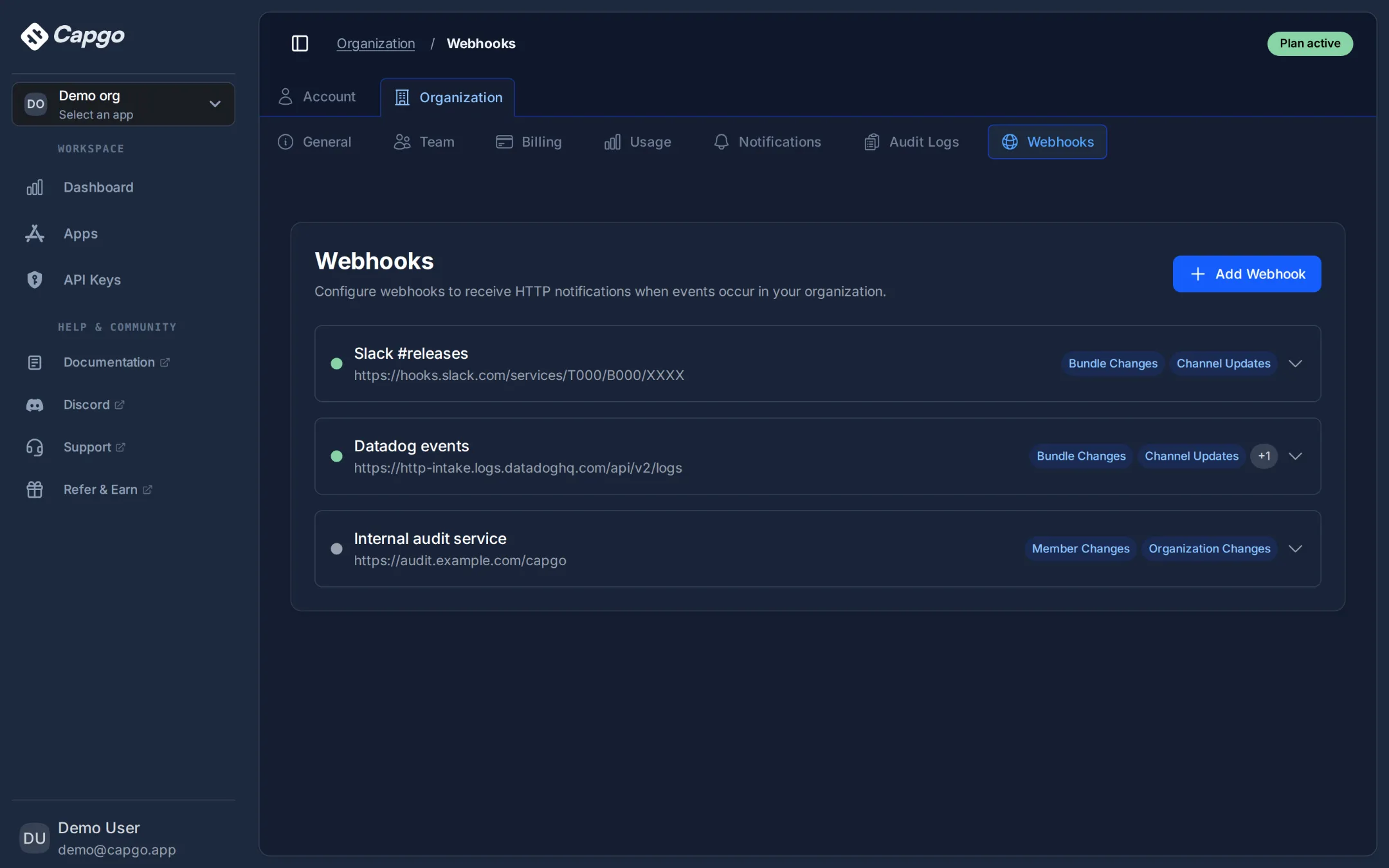 Capgo webhooks page with Slack, Datadog, and internal audit endpoints subscribed to bundle, channel, member, and organization events