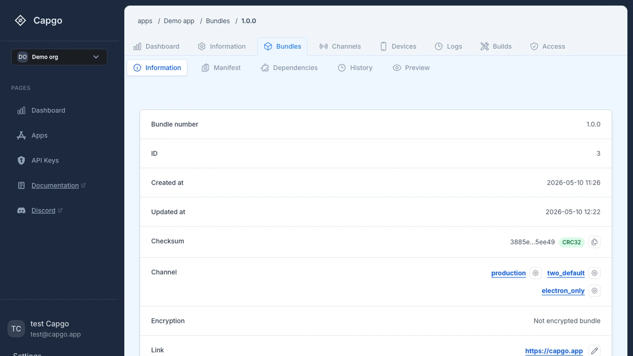 Capgo console demo app showing a live-update bundle, release dates, checksum, and linked channels