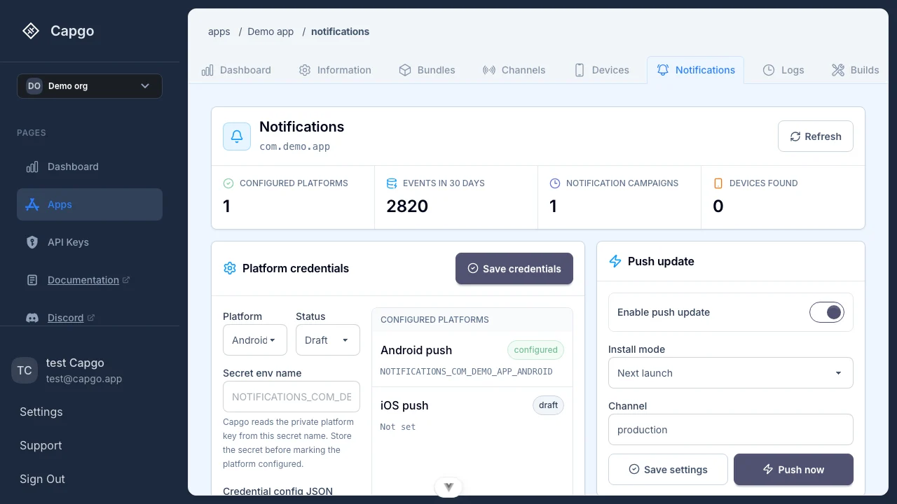 Capgo notification dashboard showing provider setup, campaigns, and push update controls