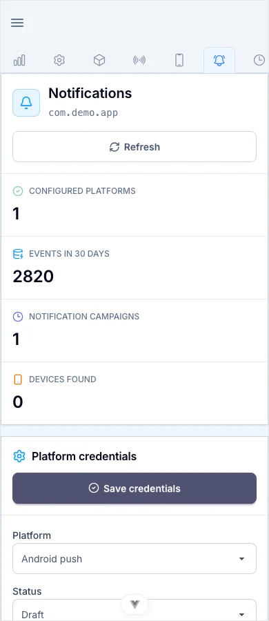 Mobile view of the Capgo notification console
