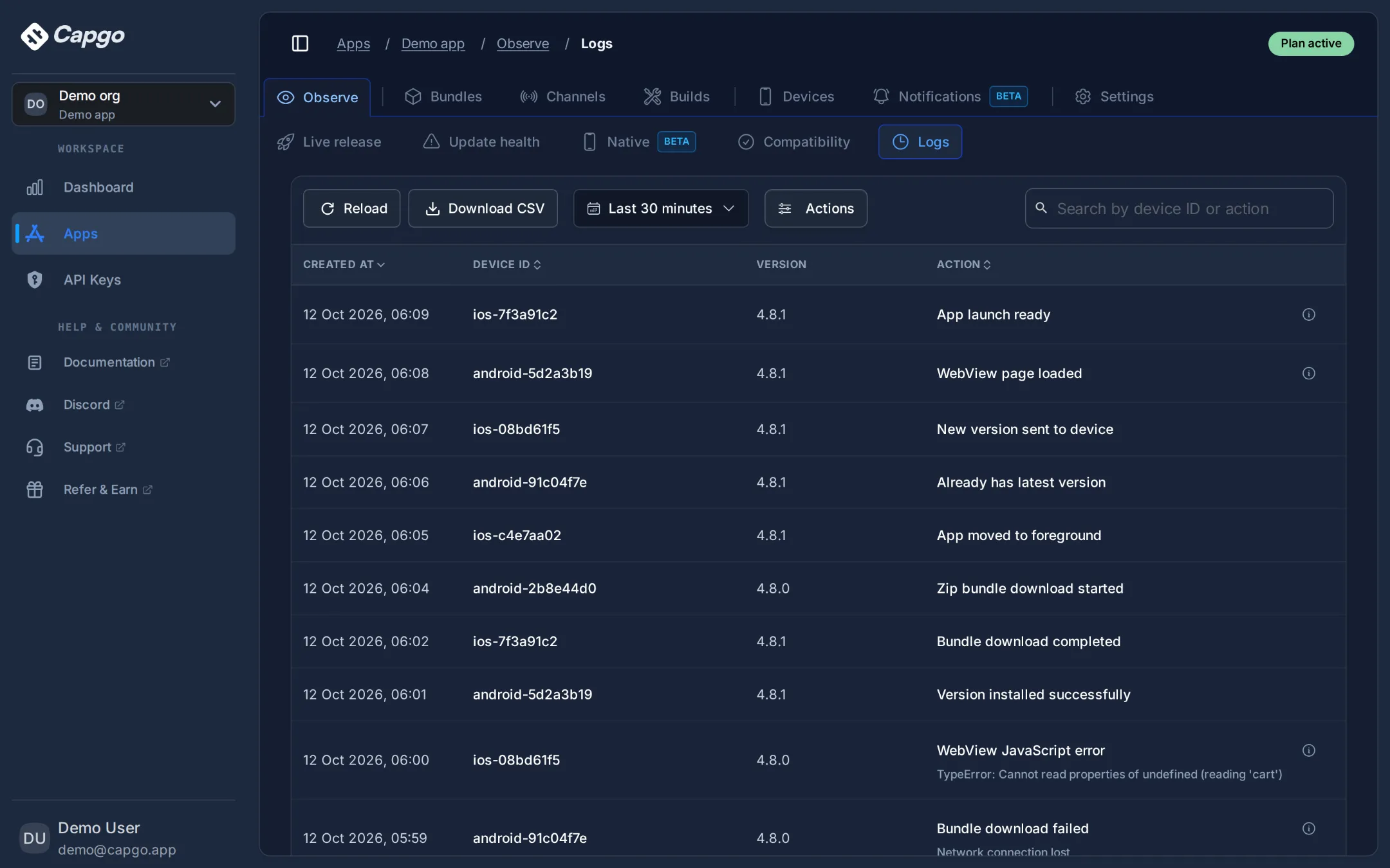 Capgo Observe logs view listing device events with timestamps, device IDs, versions, actions, and attached error messages