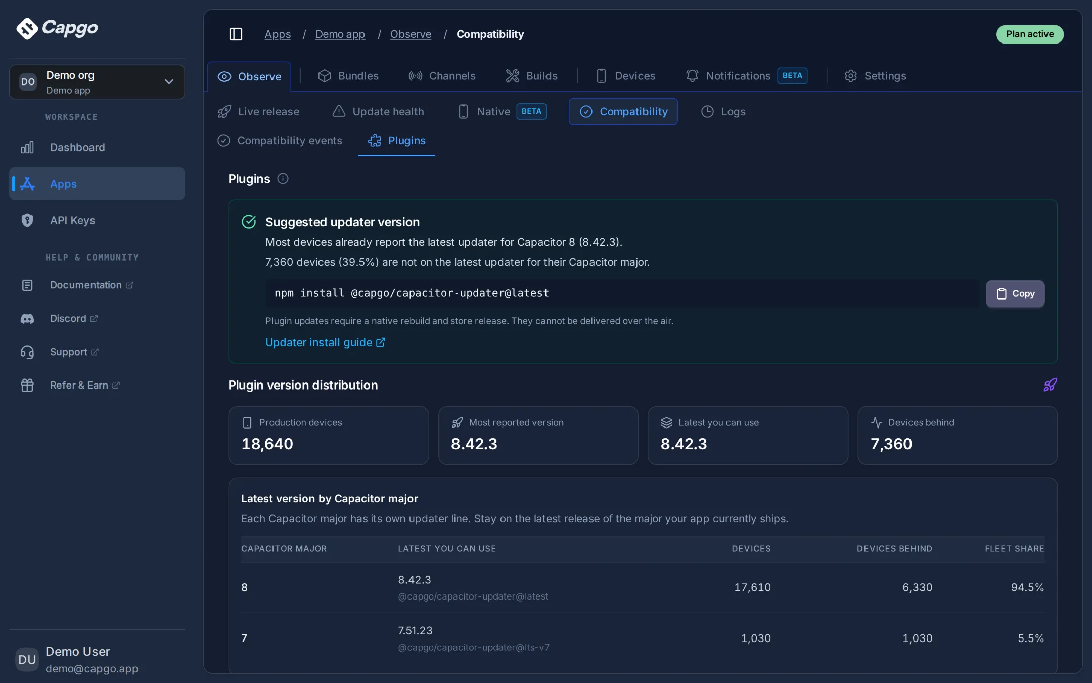 Capgo Observe plugin versions view showing the suggested updater version, plugin version distribution, and devices per Capacitor major