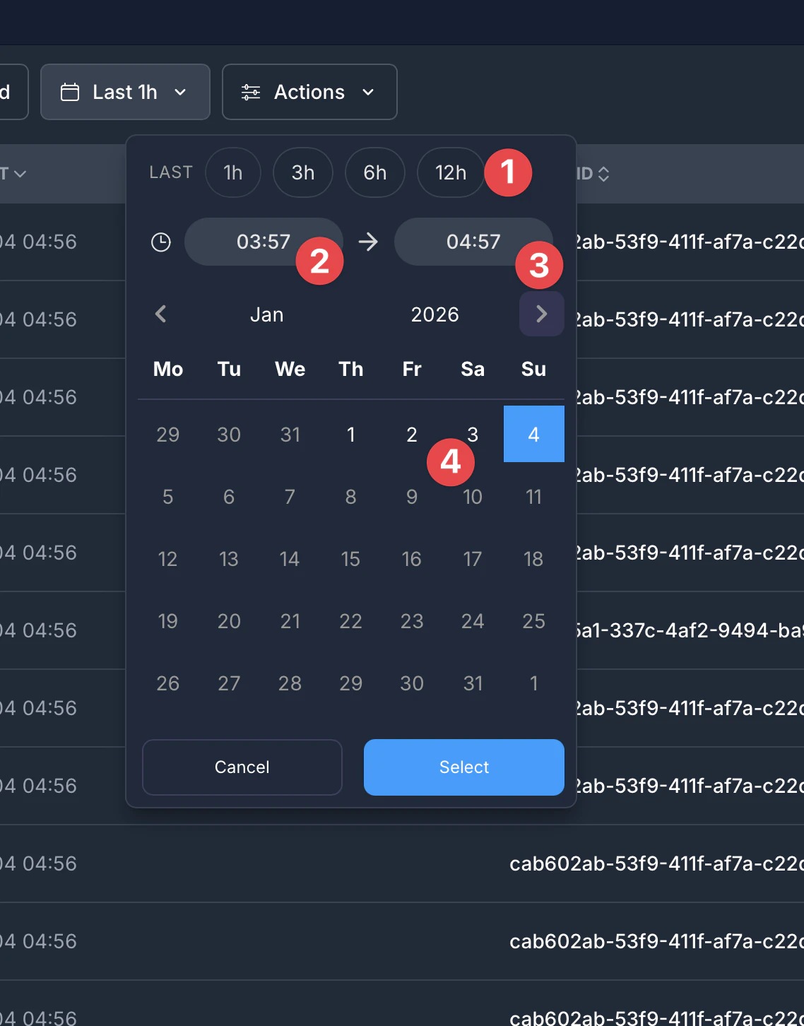 로그 필터링을 위한 날짜 범위 선택기