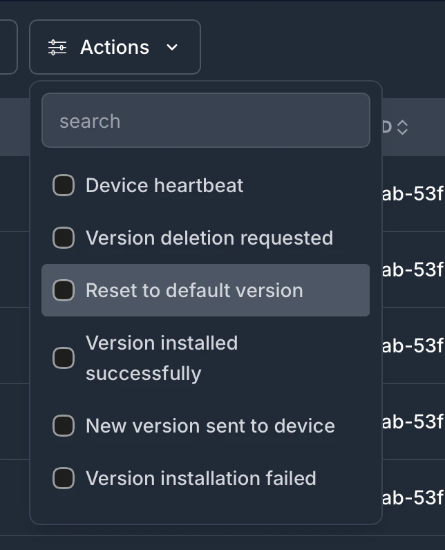 이벤트 유형으로 로그를 필터링하기 위한 작업 필터 드롭다운