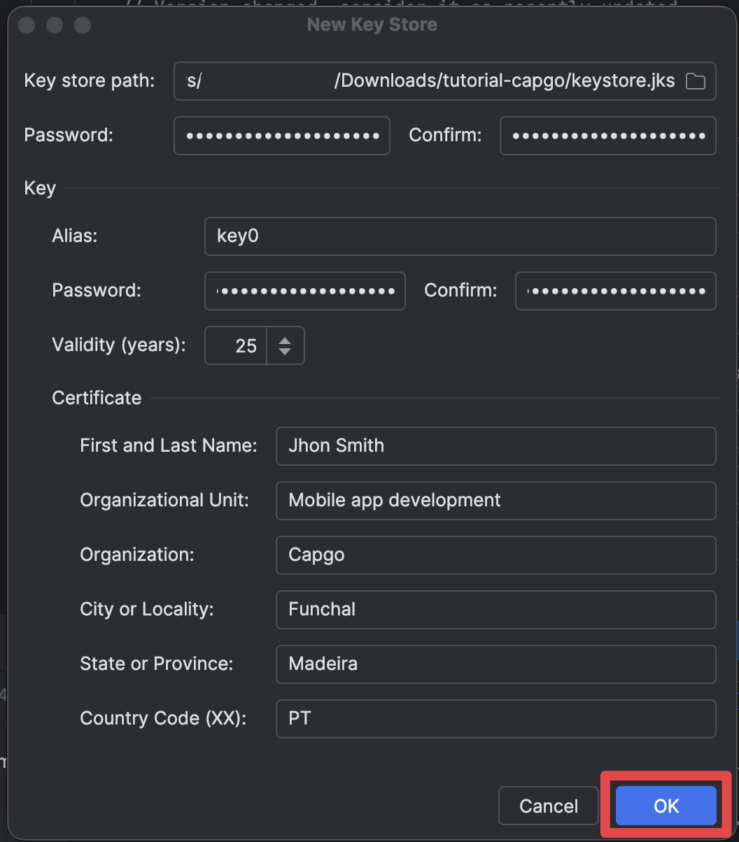 Android Studio click on OK