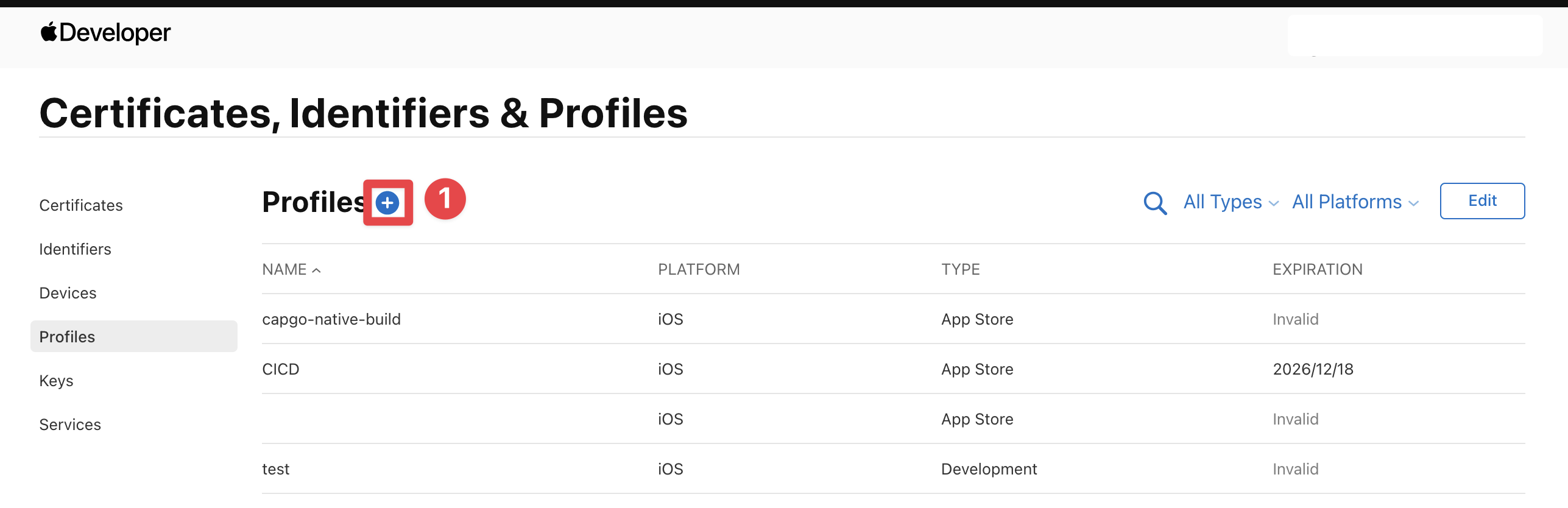 Apple Developer add profile button