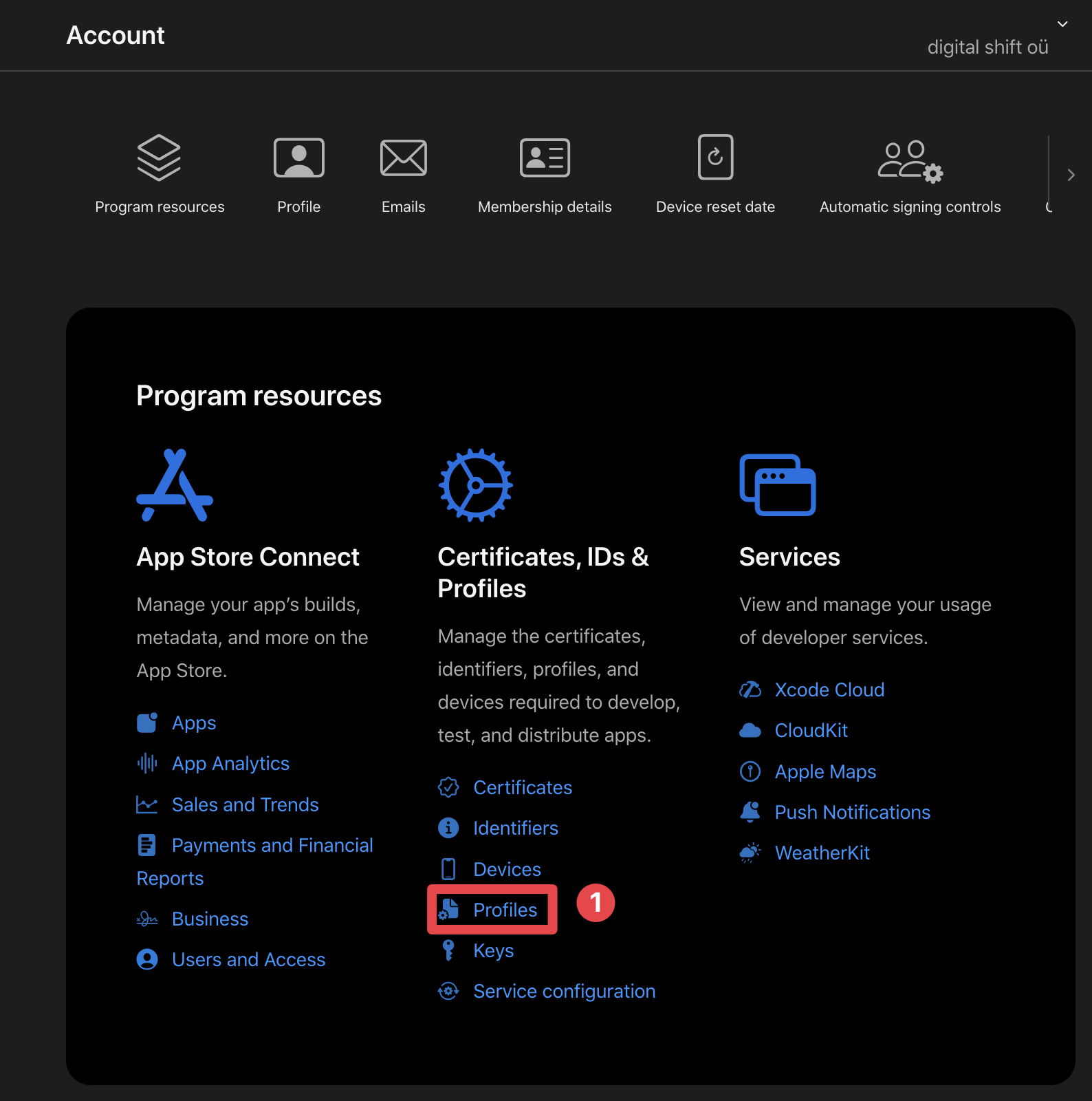 Apple Developer profiles button