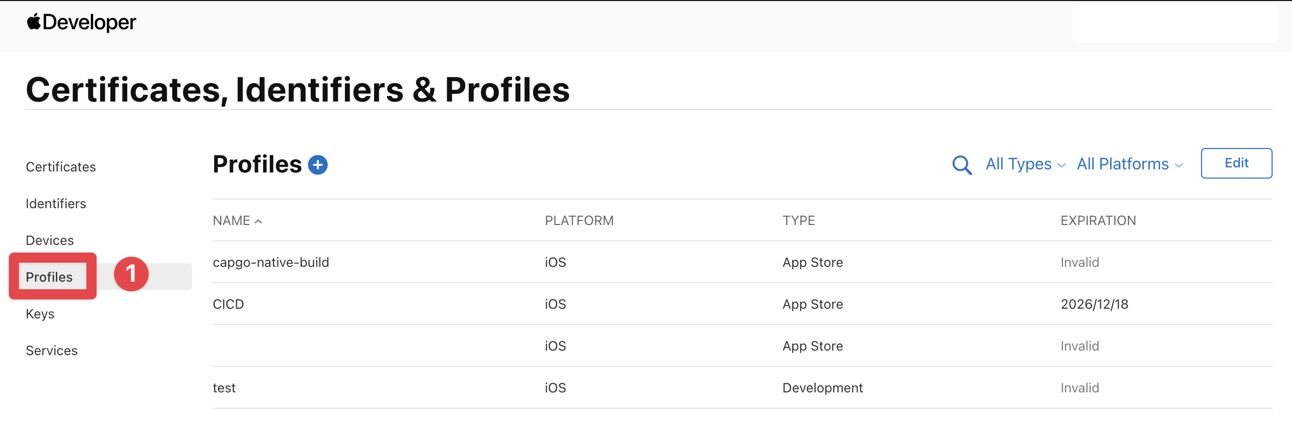 Apple Developer profiles page