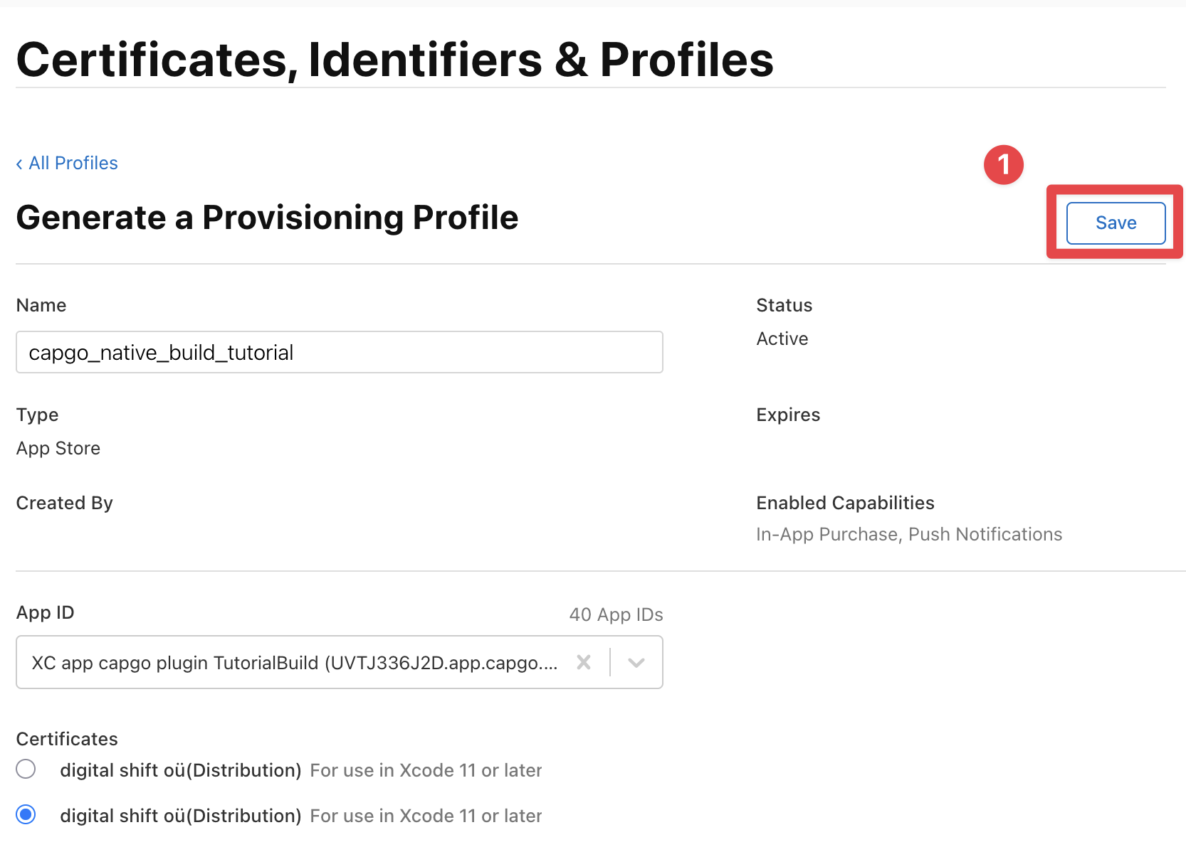 Apple Developer save profile