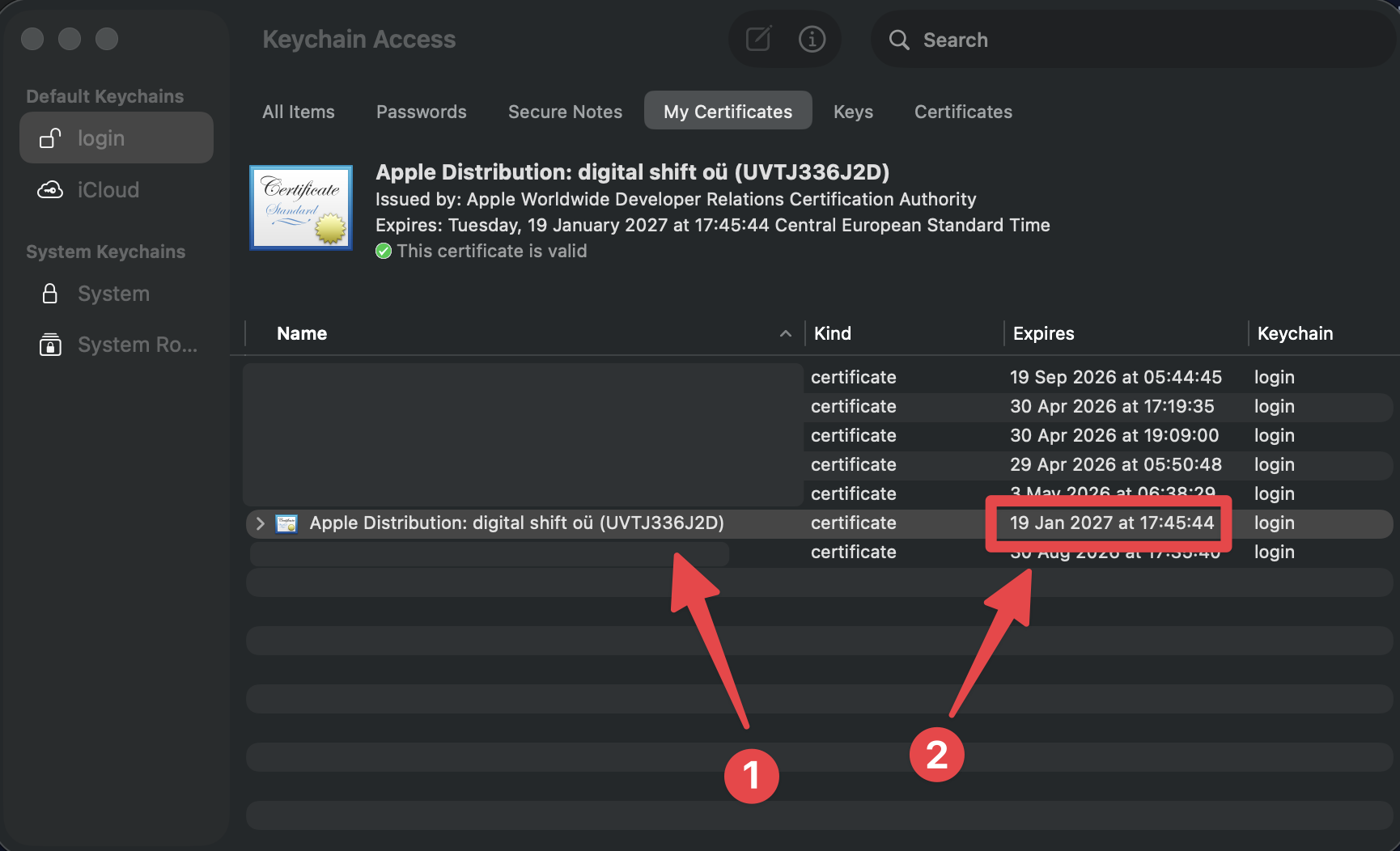 Apple Developer select distribution certificate expiration date