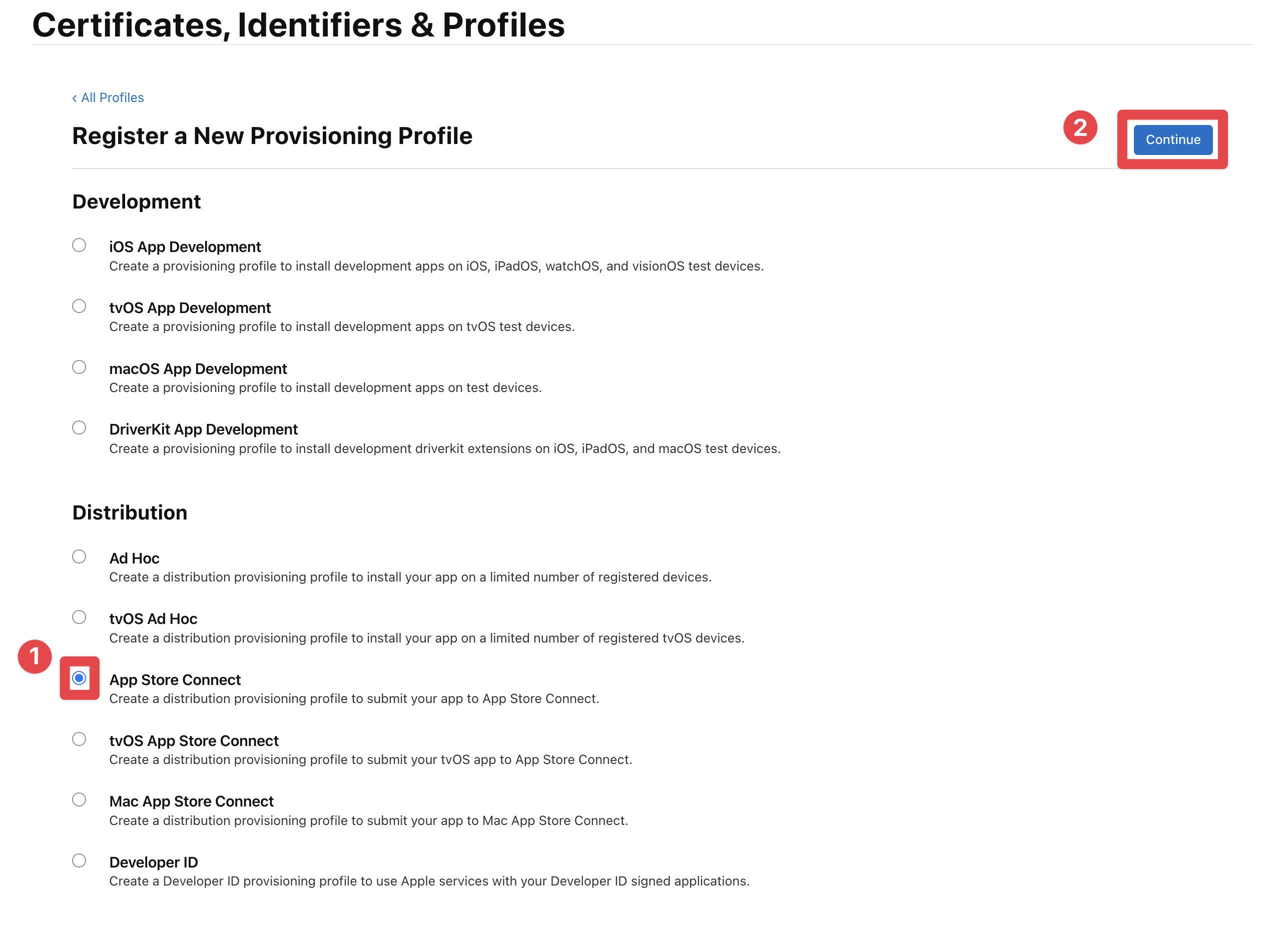 Apple Developer select profile type